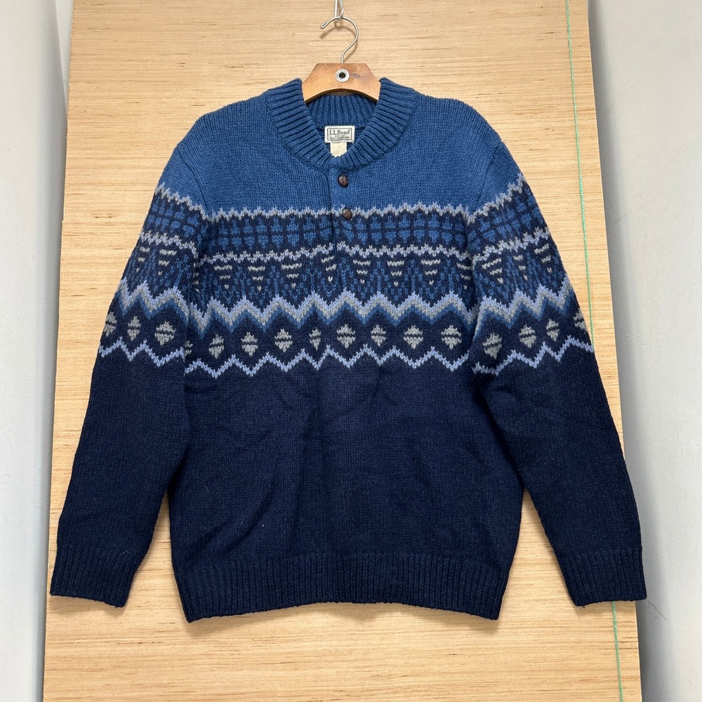LL Bean Mens Large Blue Fair Isle 100% Lambswool Henley Sweater 298259